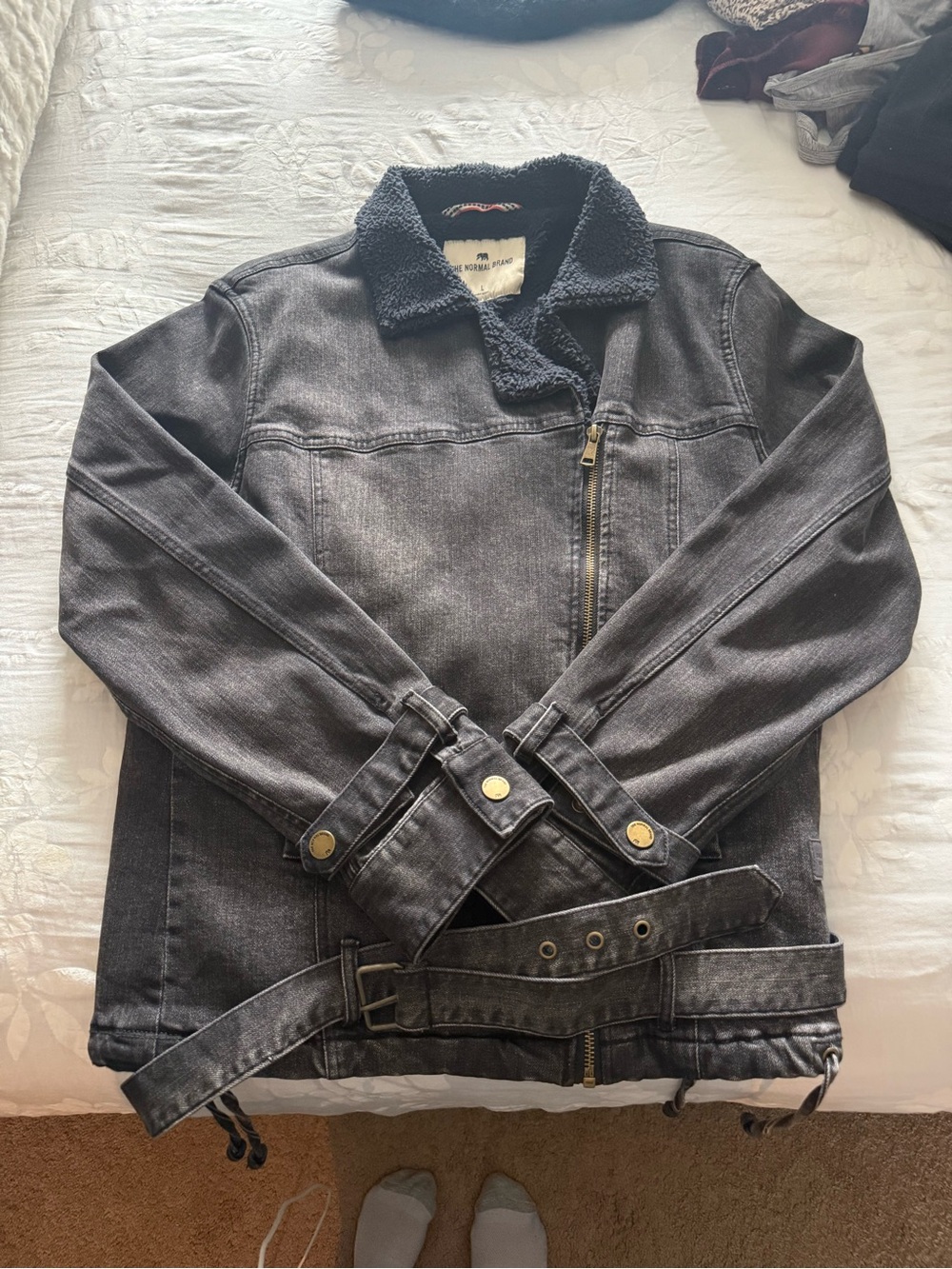 The Normal Brand Black Washed Denim Sherpa Collar Jacket